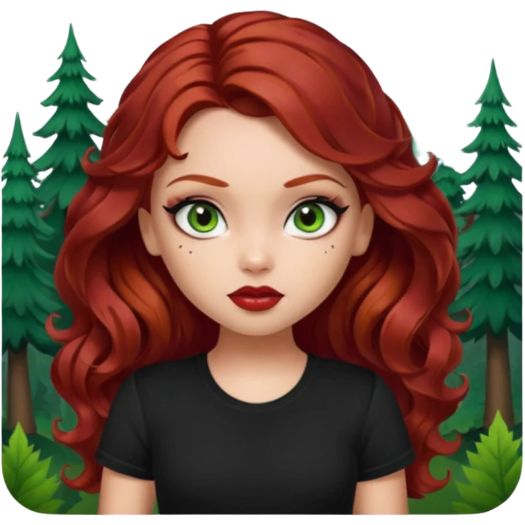 a pretty fair bratz girl with wavy dark red hair, wearing a black tee. eyeliner on, forest green eyes. Waist up emoji
