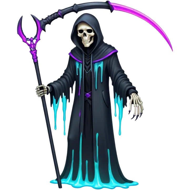 Neon Blood Reaper – A futuristic grim reaper with a scythe made of pure plasma, dripping neon liquid from its skeletal fingertips. emoji