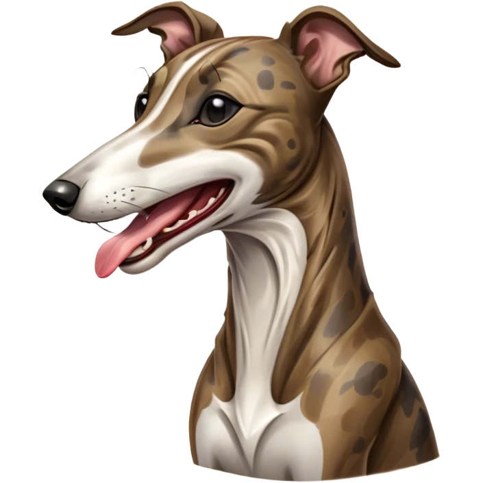 Cinematic Cute Yawning Brindle Greyhound Portrait Emoji, Head tilted slightly with a dramatic, wide-open yawn, showcasing a smooth brindle Fur with a refined pattern, floppy ears slightly drooping, round eyes barely open in drowsy contentment, Simplified yet irresistibly adorable features, highly detailed, glowing with a soft, cozy glow, high shine, relaxed yet expressive, stylized with a touch of whimsy, bright and endearing, soft glowing outline, capturing the essence of a sleepy yet affectionate racer, so drowsy it feels like it could stretch out of the screen and curl up for a nap! emoji