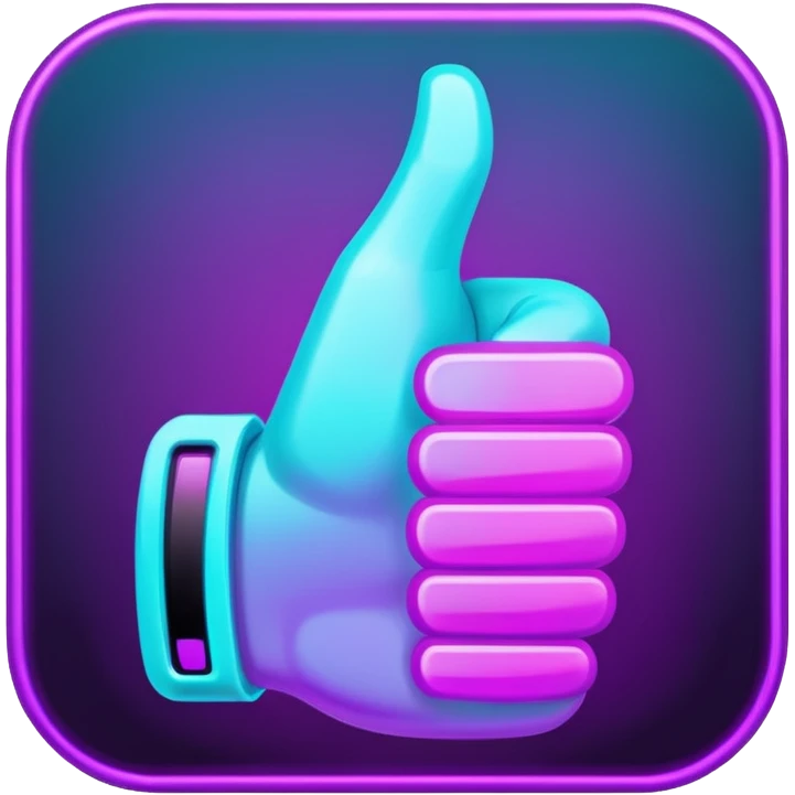 futuristic glowing thumbs up, neon purple and cyan light, dark background, digital tech style emoji