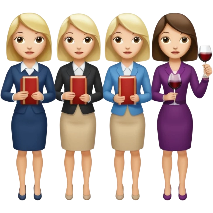 4 gals, each holding books and a wine glass. One has a blonde bob, one has a brunette bob, one has blonde long hair, and one has brunette long hair. emoji