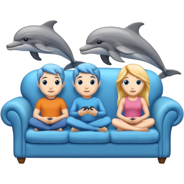 2 males and 2 female dolphins sitting on a sofa  emoji