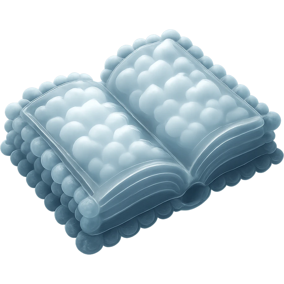 top view of a thick open book made entirely of small, very bright white fluffy convex clouds, matte glass style emoji