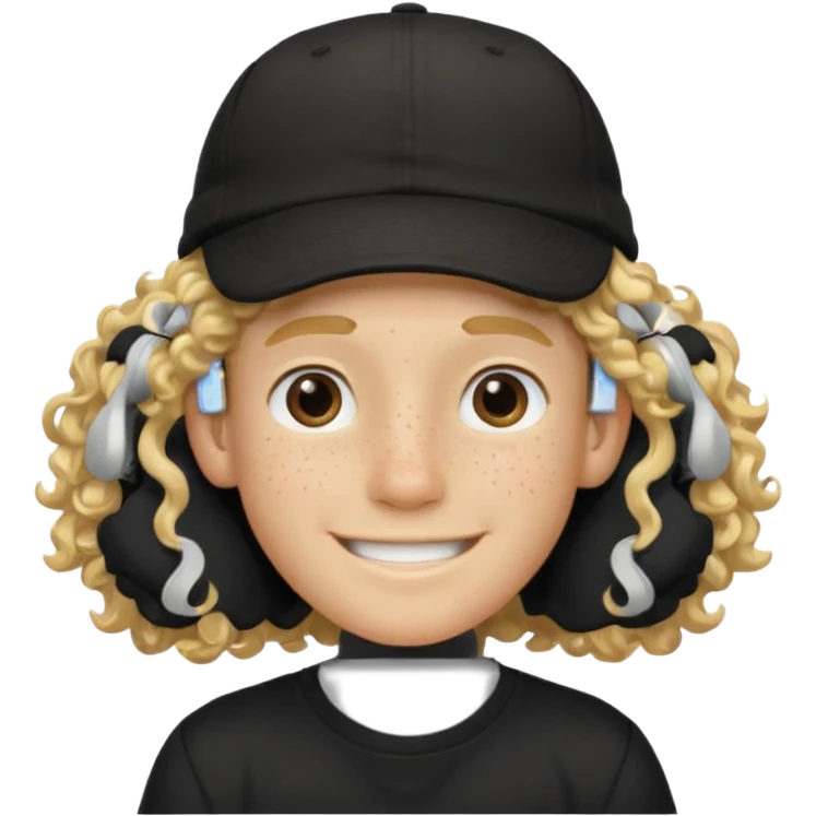 blonde boy with long curly hair past his hears and a LA hat, smiling, wearing a black shirt with freckles emoji