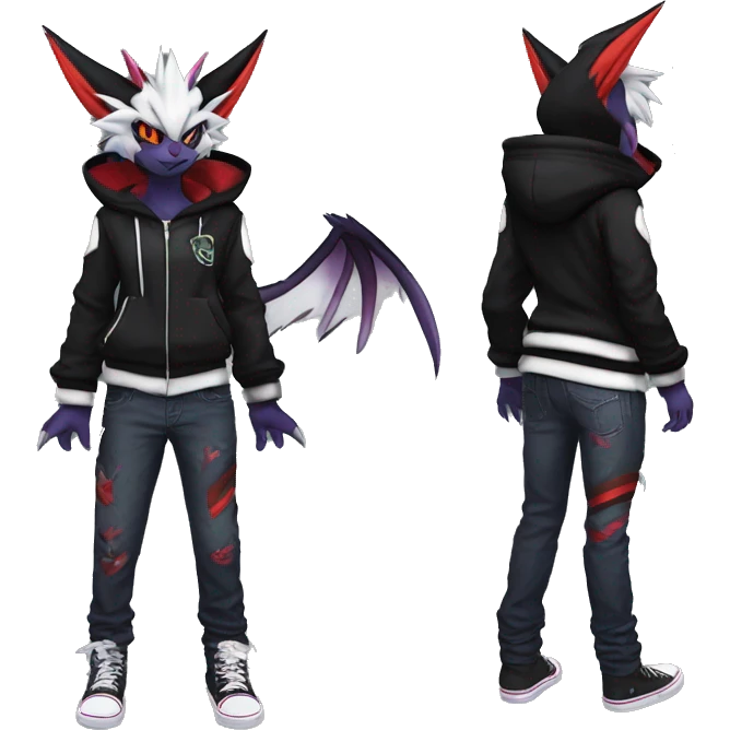 Cool Anthro Black Noivern-Absol-Litten-Pokémon with edgy stripes hoodie spiked collar punk Full Body emoji