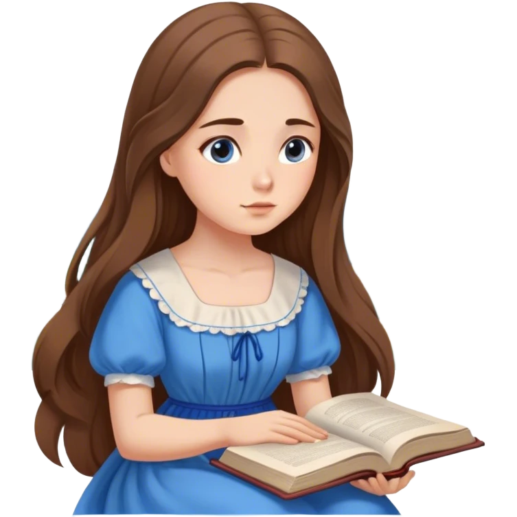 Cinematic Elegant Belle Portrait Emoji, Sitting with an open book, eyes dreamy with thought, her iconic blue village dress draped gracefully, exuding intelligence, kindness, and timeless charm! emoji