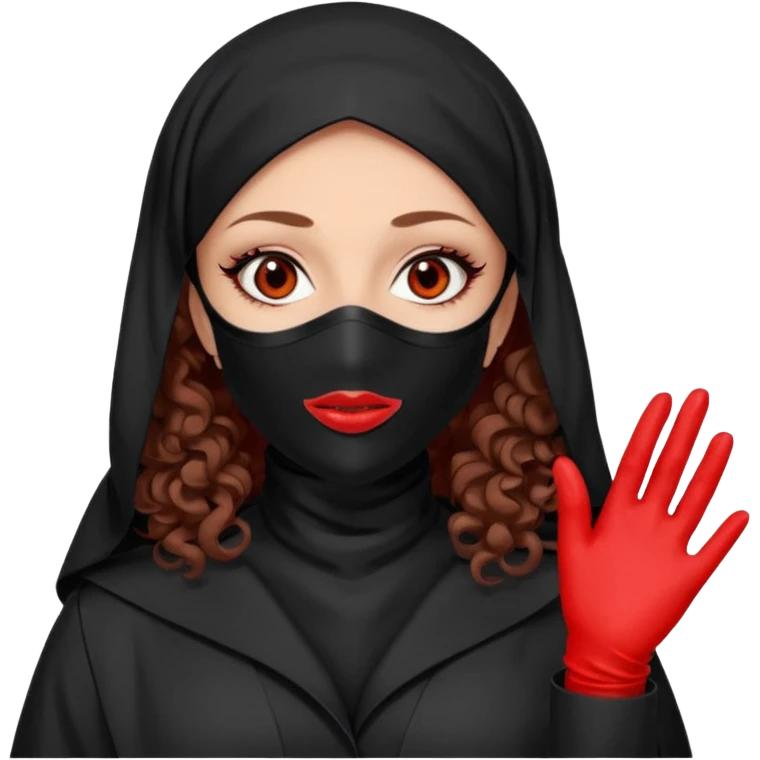 


Scary woman scalpel in hand, evil surgeon sexy surgeon clothes.  She has redcolored  eyes. Her  hair only is free ne brown long curly hair. Wears sexy doctor outfit with red gloves. make her wear full Muslim burka to mask and nose mouth mask  to hide. Wears white surgeon coat, wears  stilettos emoji