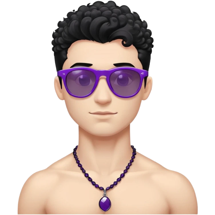 shirtless male athlete with white skin and moderately curly black hair on top with shaved sides, wearing purple sunglasses with black tinted lenses and a shiny black necklace emoji
