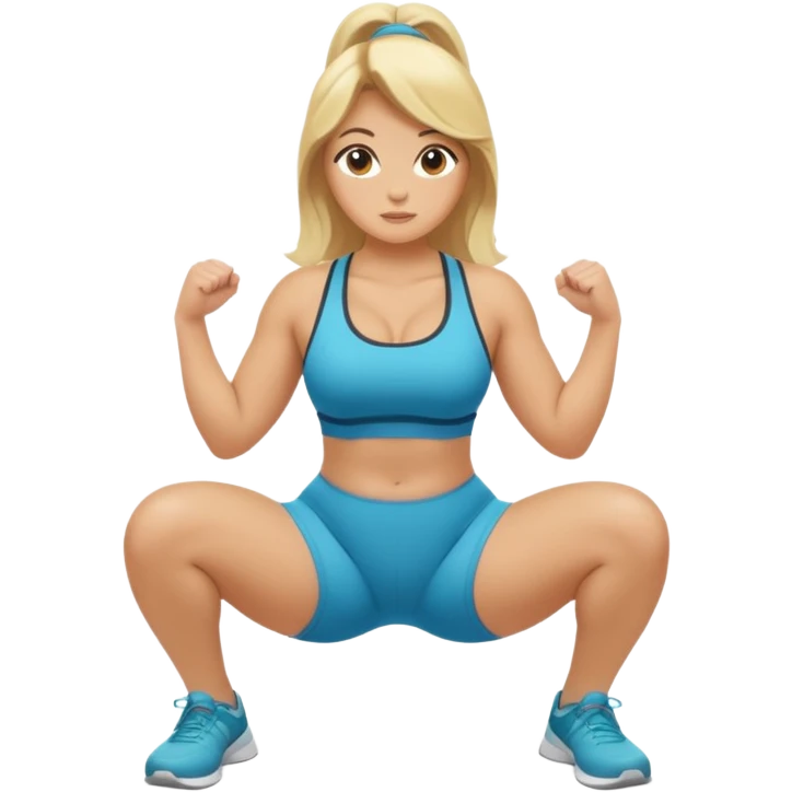 curvy blonde fitness trainer, back view, squatting on her soles, SFW, athletic, friendly expression, no explicit content emoji