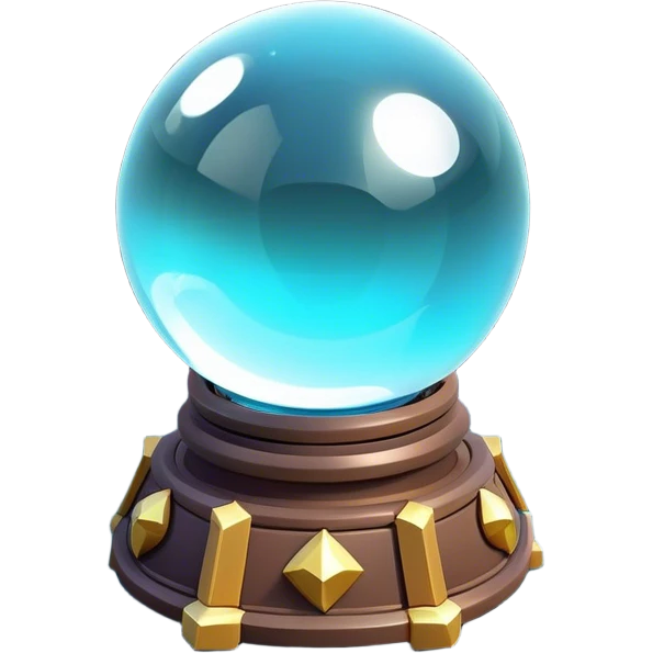 Clash of Clans aesthetic: Cinematic Playful 3D Isometric Crystal Ball Emoji, rendered in a 3D vector-style similar to standard emojis with minimal shading and bold, simplified shapes. A compact, distinct form with signature details, softly glowing with a fantasy RPG magic charm. Simplified yet unmistakably iconic, highly detailed and consistent, glowing with a soft radiance and high shine. Stylized with a touch of heroic grandeur and a soft glowing outline, capturing the essence of a beloved gaming relic with a friendly, playful manner! emoji