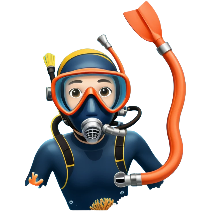 An icon featuring a close-up of a freediving mask and snorkel, with a breath-holding diver's fins, set against a vibrant underwater world. The design includes coral reefs, fish, and bubbles, symbolizing the serene beauty and thrill of freediving. Transparent background highlights the calm emoji