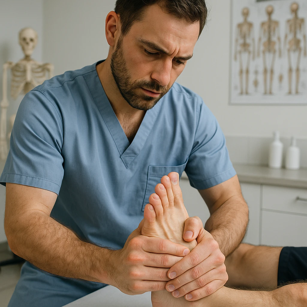 realistic image of an osteopath performing manual mobilization on a patient's foot, detailed anatomical features, clinical environment emoji