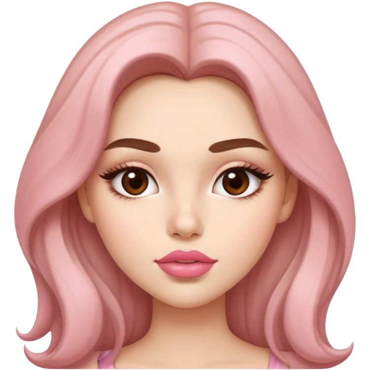 Really light tone skinned pretty girl with big plump lips pinkish nude lipliner and silky brown long voluminous hair , thin eyebrows and brown eyes and dimples and a tight white tang top emoji