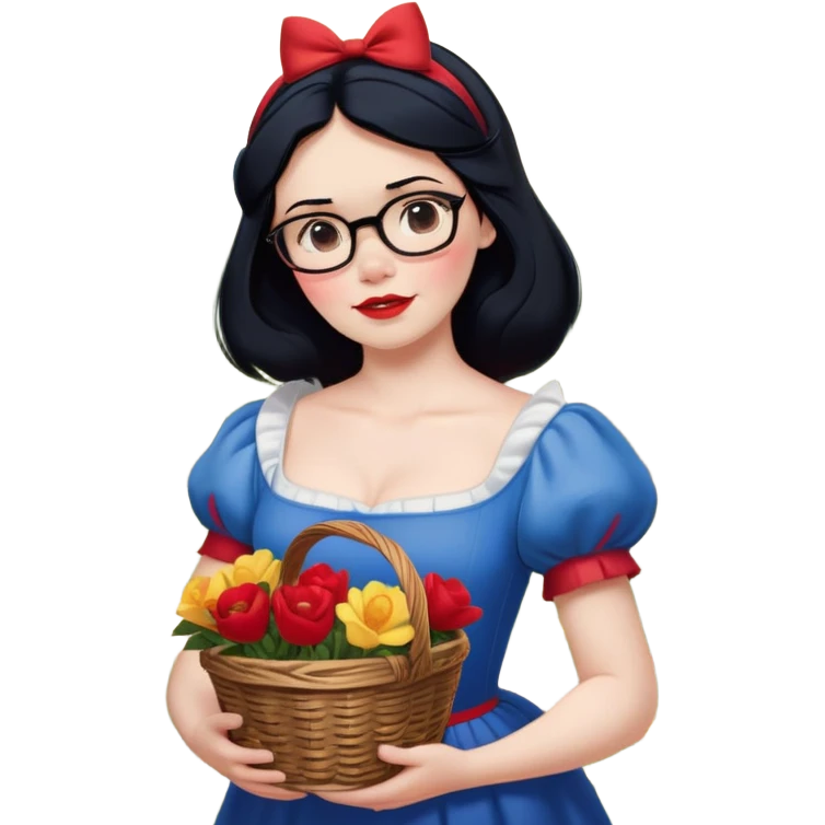 Create a charming and enchanting image of Snow White standing gracefully in the middle of a forest clearing, surrounded by the Seven Dwarfs. Snow White should be depicted with her classic features – pale skin, red lips, black hair, and a dress in blue, yellow, and red. She should be holding a small basket of vibrant, freshly-picked flowers. The Seven Dwarfs should be seen around her, each with their unique characteristics: Doc with his glasses and thoughtful expression, Grumpy with a scowl, Happy with a big smile, Sleepy looking drowsy, Bashful blushing, Sneezy mid-sneeze, and Dopey with his playful and mischievous look. The scene should be set in a lush, green forest with tall trees, colorful flowers, and beams of sunlight filtering through the canopy. The overall ambiance should be lighthearted, magical, and full of fairy tale charm. emoji