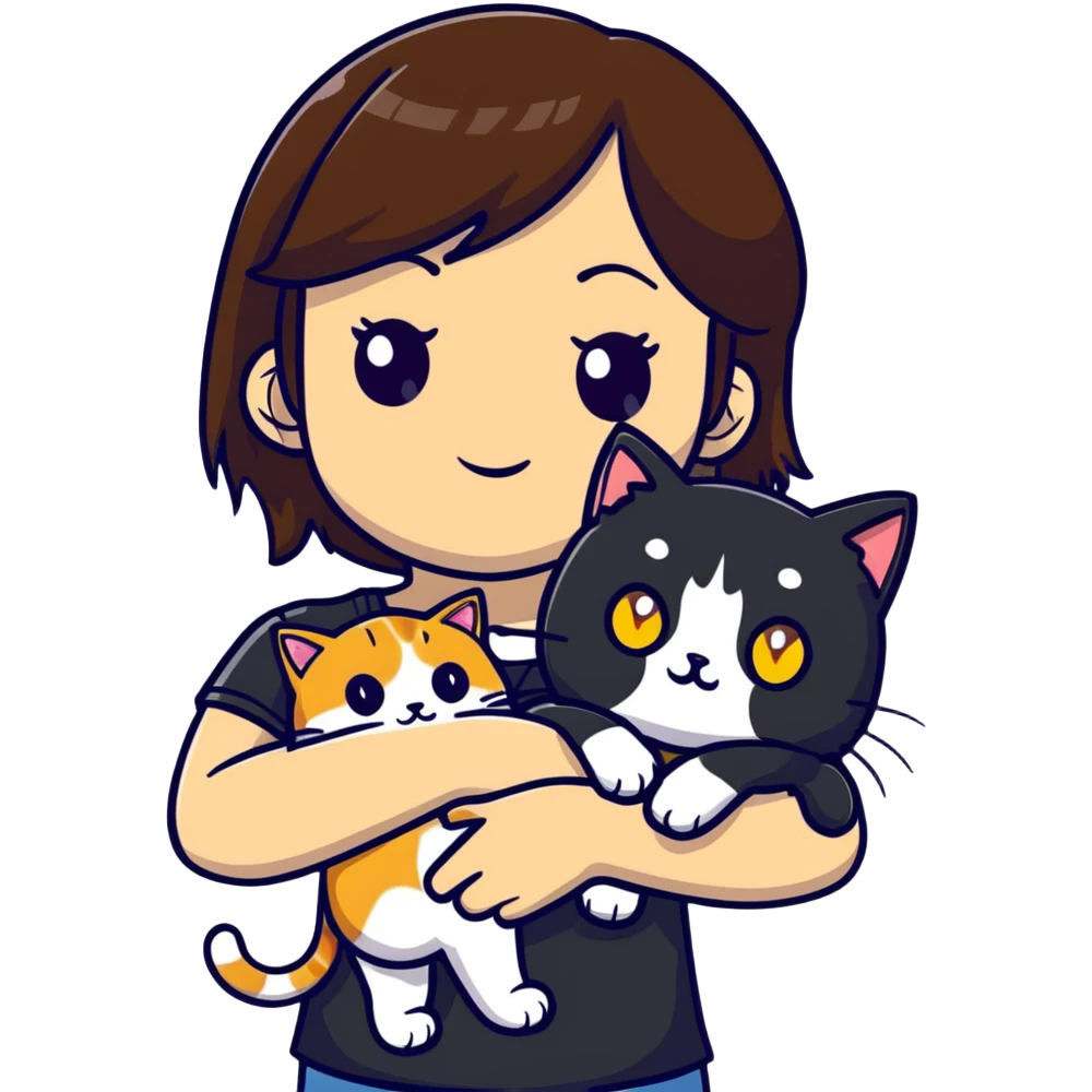 Brown straight-haired girl with black top, white cat with yellow eyes, and calico cat emoji