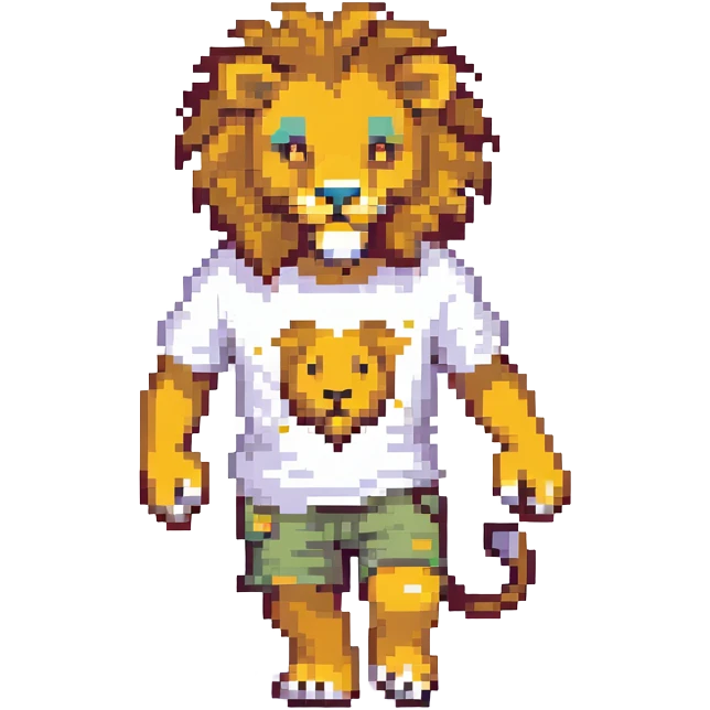 retro 1950s anthropomorphised lion in a t-shirt and shorts walking emoji
