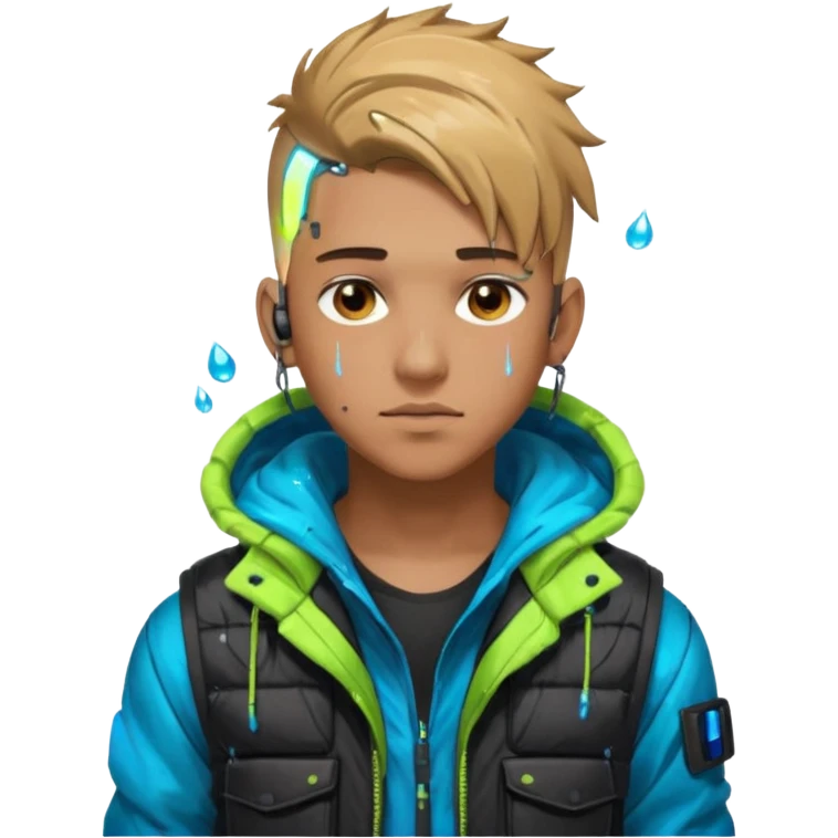 Cyberpunk street young adult, male, messy undercut, puffer vest over hoodie, glowing earpiece, light stubble, brown eyes, neon reflections, raindrops, dark background. emoji