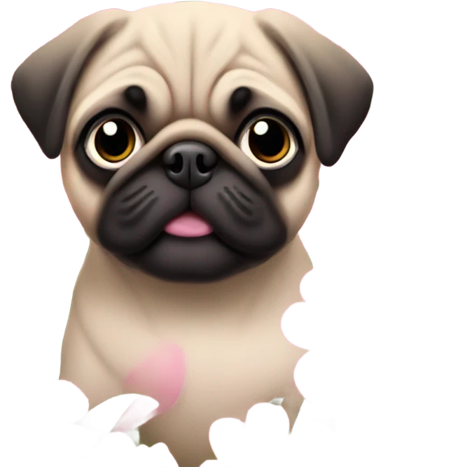 Baby pug playing in pink flowers with pink eyes  emoji