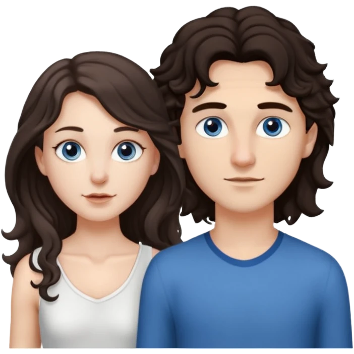 white girl, dark brown long slightly curly hair , skinni but with big breast , septum piercing on nose, beautiful dark gray-blue eyes, in white dress , boy dark brown eyes , light white skin , tall , skinny , light brown mid haircut ,  emoji