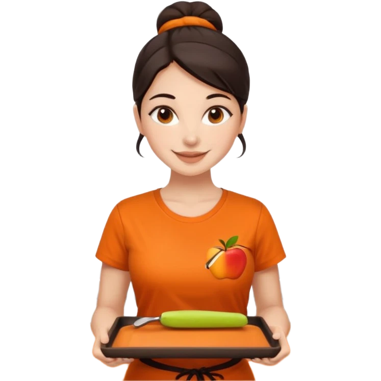Create an iOS-emoji-style illustration of a cheerful female barista with bright fair skin and dark hair tied back. She wears an orange barista T-shirt and holds a brown serving tray. Style should be soft, rounded, and minimal like Apple emoji. emoji