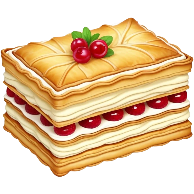 mille-feuille-cinematic-realistic-mille-feuille-dessert-emoji,-depicted-as-a-rectangular delicate-pastry-composed-of-two-crisp-layers-of-puff-pastry-with-a-rich-cream-filling,-rendered-with-intricate-textures-and-elegant,-soft-lighting. Please only show two layers only. emoji