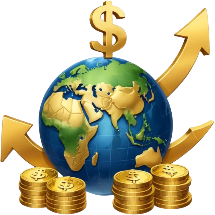 An icon featuring  a dollar sign, and a chart with upward trends, symbolizing economics. The design includes coins, bills, and earth e, representing global trade and financial systems. Transparent background highlights the study of markets, supply, and demand. emoji
