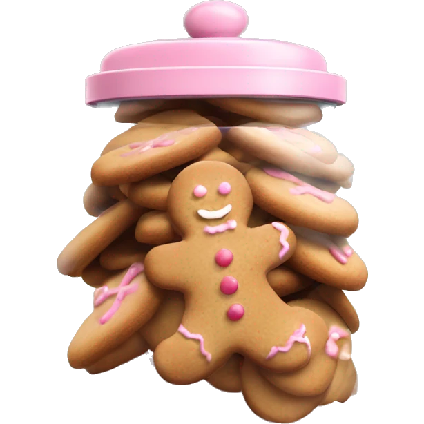 Realistic glass cookie jar with light pink lid full of gingerbread cookies isolated.  emoji