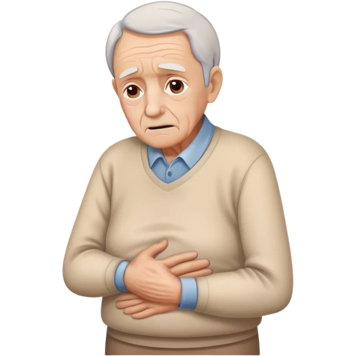 elderly person with a worried face, one hand on their lower back, pain lines below the back emoji