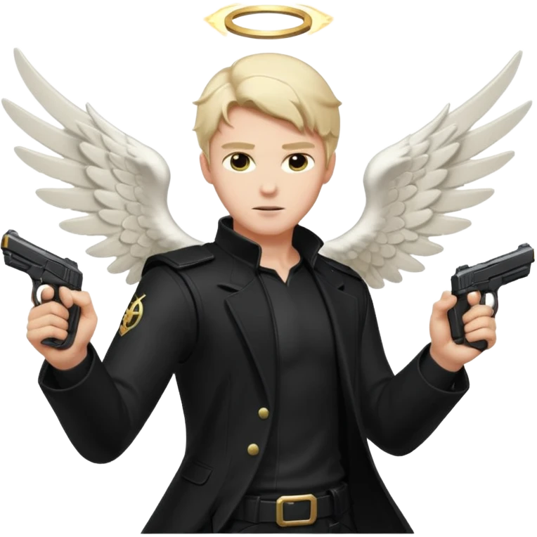 male Angel dual-wielding pistols, shooting, dynamic action pose, glowing wings, black clothes no background














 emoji
