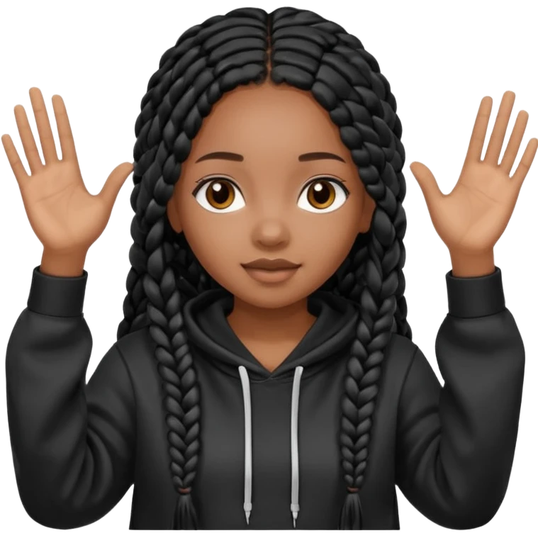 African American girl with long black box braids wearing black Christian hoodie with hands raised emoji