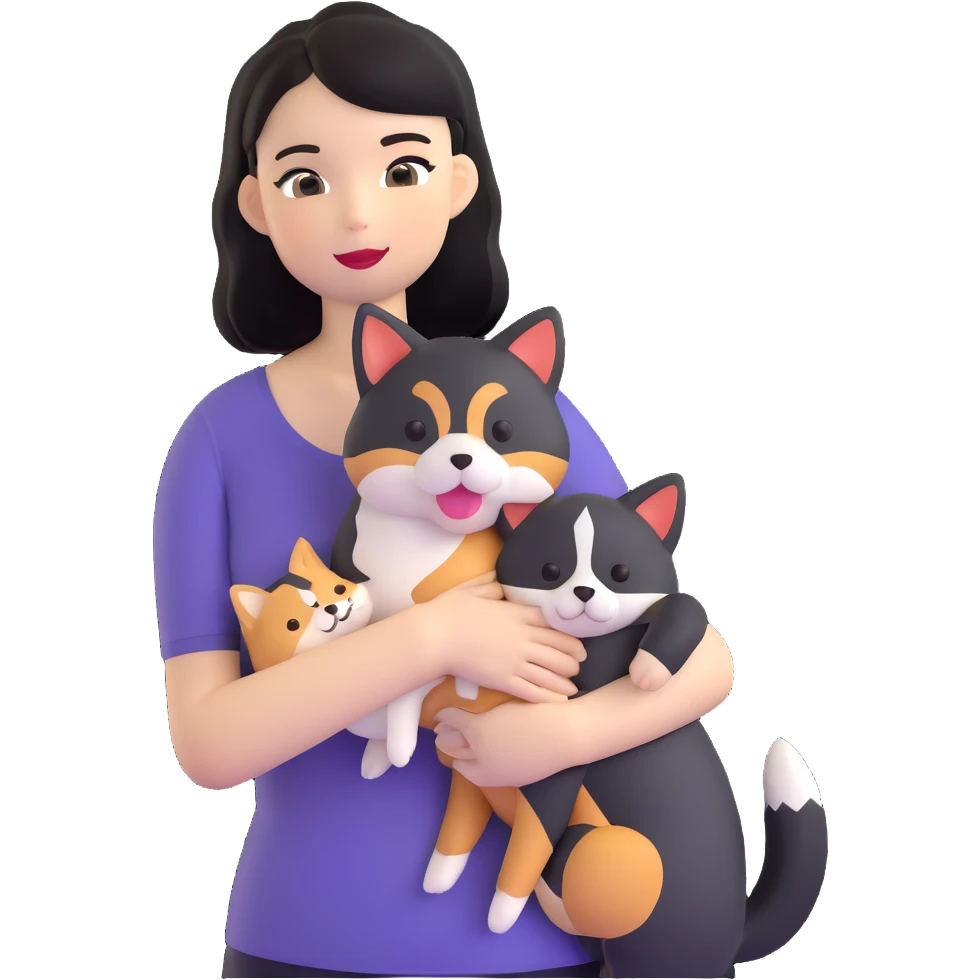 girl with black shoulder-length hair wearing a black tight-fitting top with a calico cat with white mouth and a shiba inu dog emoji