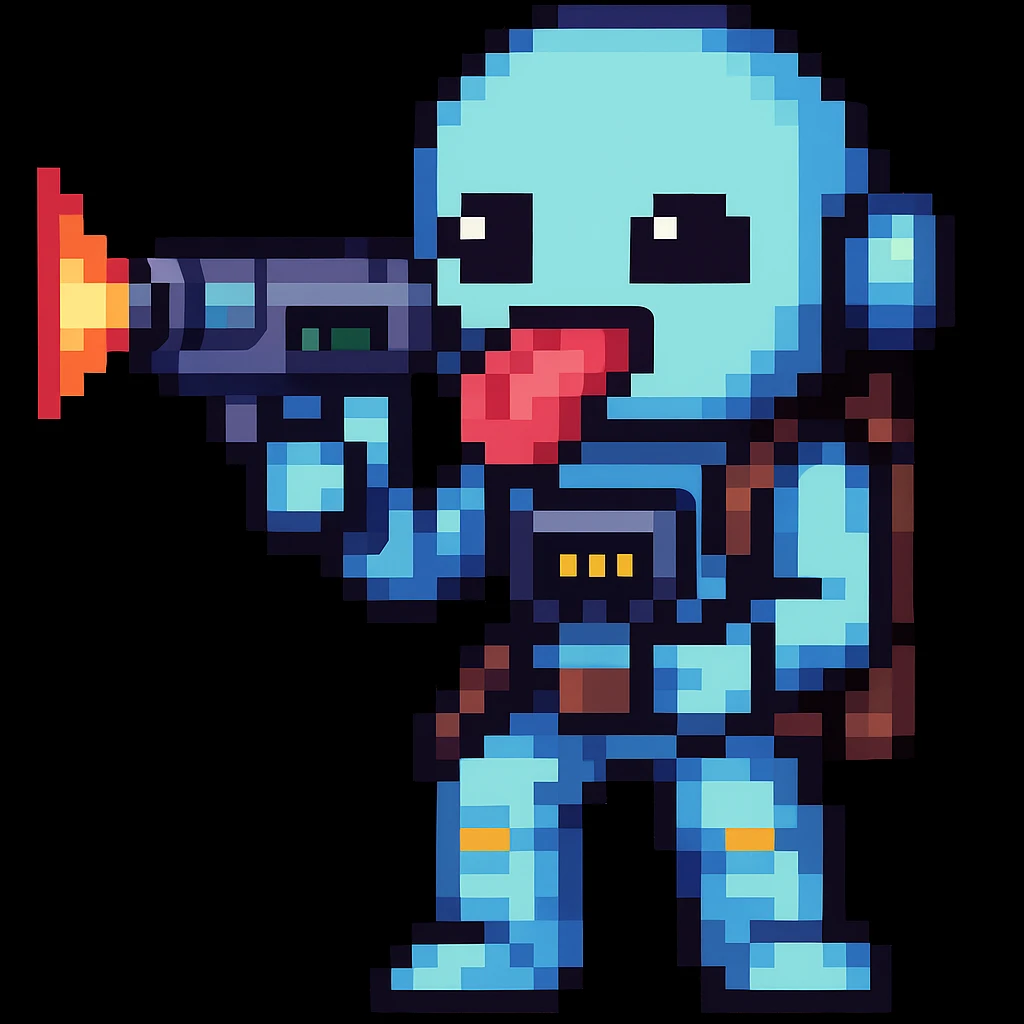 Make it pixel art style: Edit the emoji so it is putting the sci-fi blaster toward its tongue, keeping the pixel art style. emoji