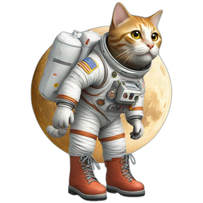 cat walking on moon with boots made of burgers emoji