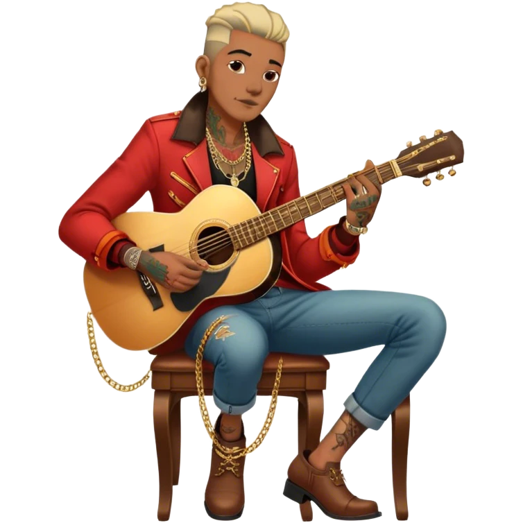 Icon for Chanson: Old chanson singer with tattoos, red jacket, gold chains, sitting on a chair with an acoustic guitar. The atmosphere should reflect a nostalgic, soulful vibe with vintage elements. Transparent background. emoji