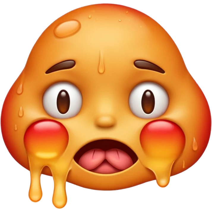 Apple-style emoji illustration of a melted, overheated face with sweat drops, half-closed exhausted eyes, tongue slightly out, warm orange and red tones, soft 3D emoji style, smooth gradients, rounded shapes, simple expression, centered composition, transparent background, no text. emoji