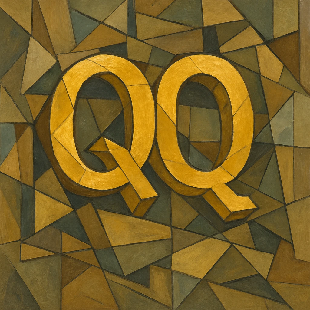 gold object with the title 'QQ' in cubist abstraction style emoji