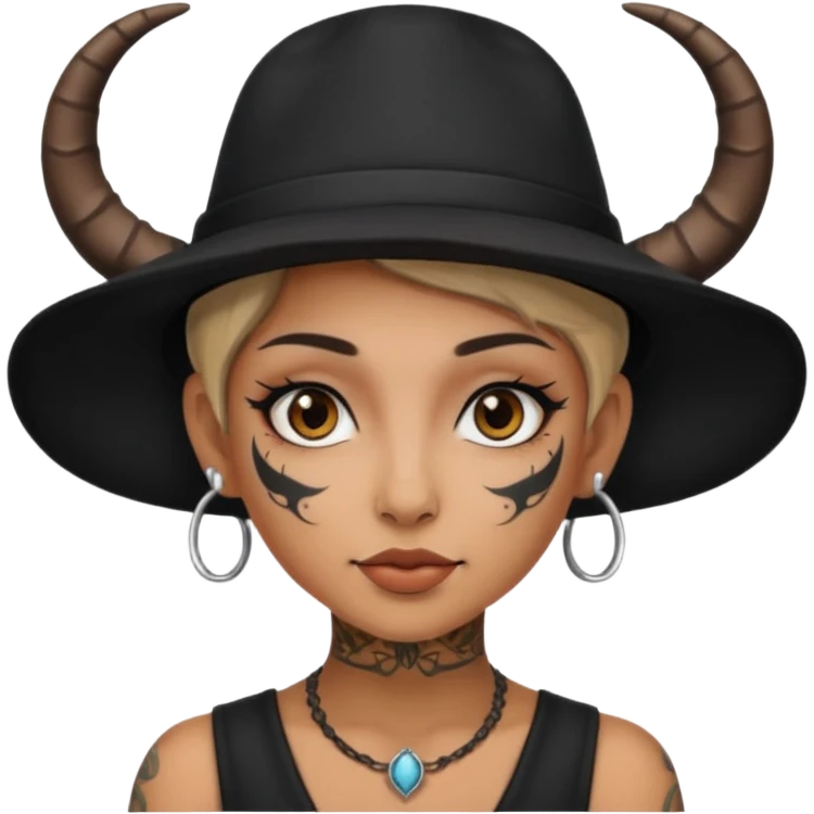 Woman with small horns — black hat, face tattoos emoji