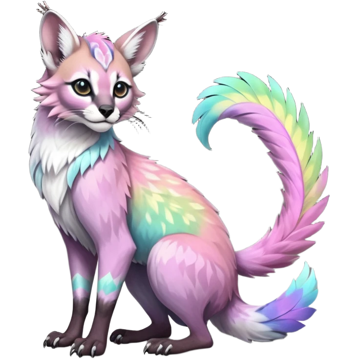 Colorful dark tropical feathery tribal pale light fruity pastel white glorious iridescent divine exotic cute cool beautiful beautiful fantasy-caracal-civet-genet-sergal-vernid-Gryphon-Cacomistle-Trico-oncilla-animal-Fakémon-hybrid-fursona (full body) emoji