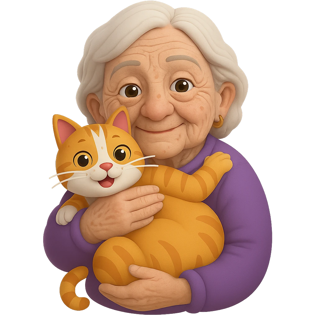 Make the grandmother look older with more wrinkles, gray hair, and age spots in a 3D emoji style. She is holding one cat. The background should be transparent with no background. emoji