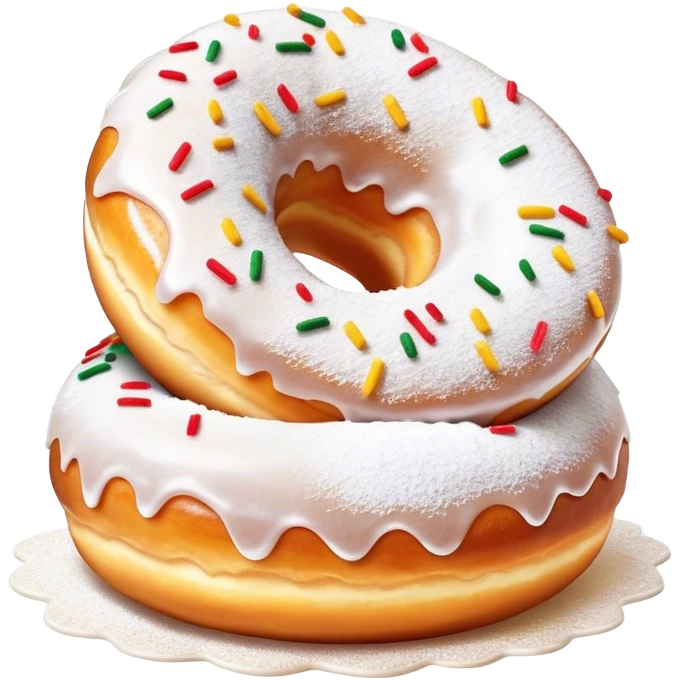 Cinematic fluffy donuts, perfectly golden and dusted with powdered sugar, vibrant icing with sprinkles, stacked in a playful arrangement, soft glowing highlights, warm and inviting. emoji