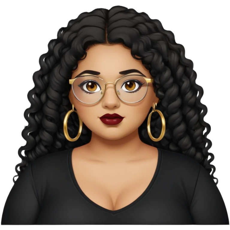 teen big plus size, latina, darker tan skin, gold hoops, long black curly hair, baddie,pretty, makeup, dark red lipgloss, black eyeliner, long hair, black shirt, BLACK glasses emoji