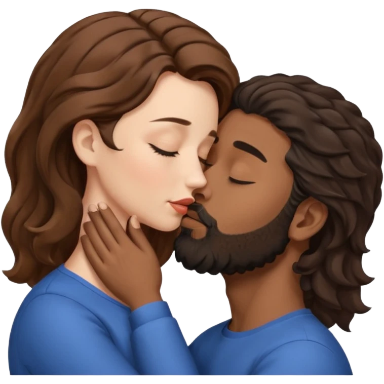 White woman (brown hair with eyes closed) kissing the top of the head (forehead) of brown man with black wavy hair (has a a beard with his eyes closed too) emoji