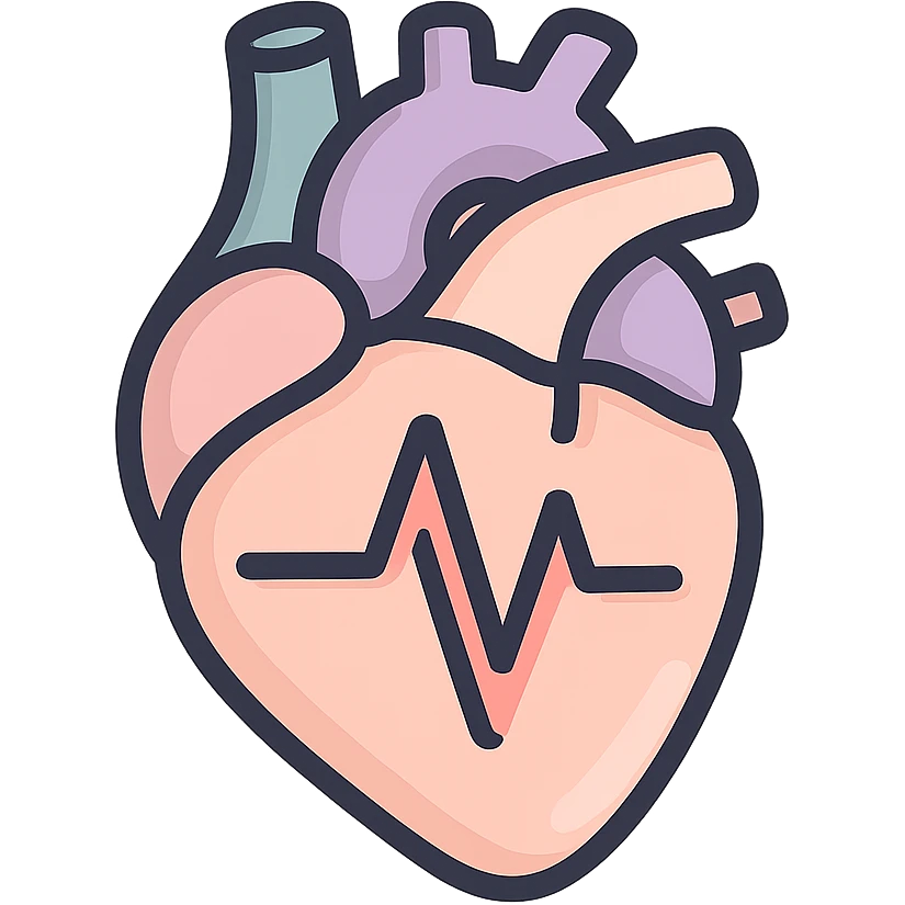 anatomical heart with a high cardiogram line inside, icon-color-outlined style, thin clean contours, soft rounded shapes, pastel palette #98B5BC, #B5B3C1, #C9A3C9, #E4C0CA, #F7DCD1, #F7C0AA, detailed shadows and highlights, soft lighting, transparent background, no base or decoration emoji