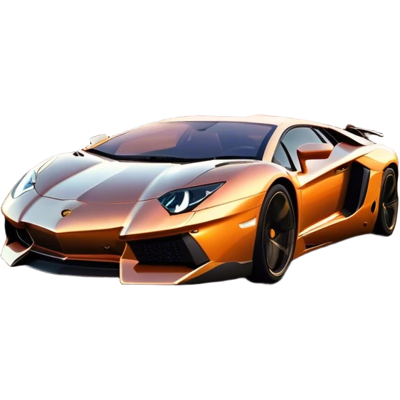 Lamborghini Aventador speeding down Sunset Avenue at dusk, headlights blazing. The sky glows in warm sunset hues, reflecting off the sleek car. Motion blur emphasizes speed, with palm trees and city lights in the background. Transparent background. emoji
