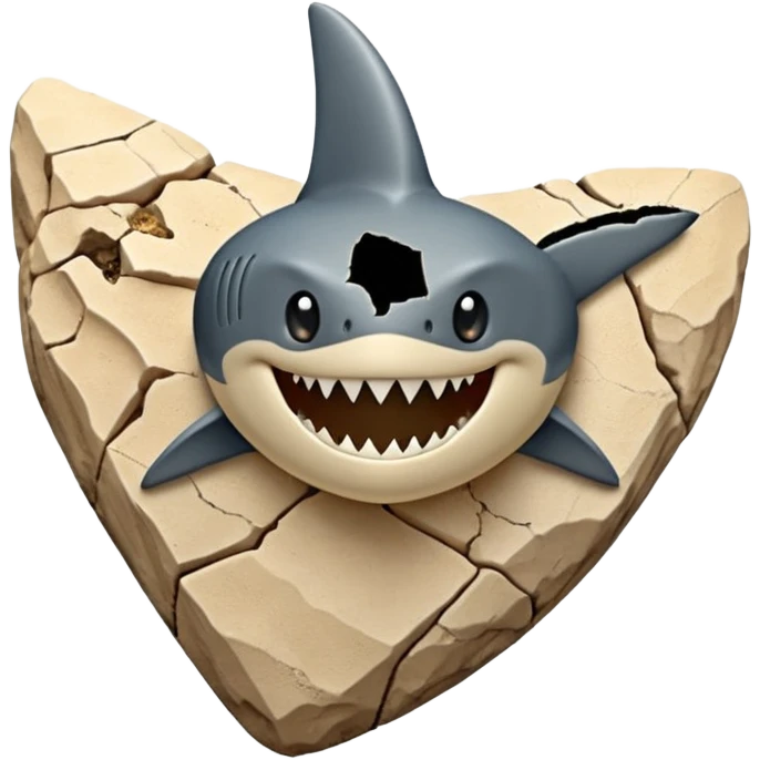 3D render of Shark Tooth, embedded in a chunk of rough sedimentary rock, cracked stone texture, ancient fossil aesthetic, shiny black enamel tooth embedded in beige sand, matte dry finish, Apple emoji style, isolated on white background --v 6.0, only shark teeth emoji