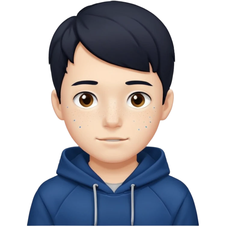 A boy like felix of straykids in his hair, he has the color hair black, he has freckles, his skin is white, he has a brackets, he wears a blue dark hoodie emoji