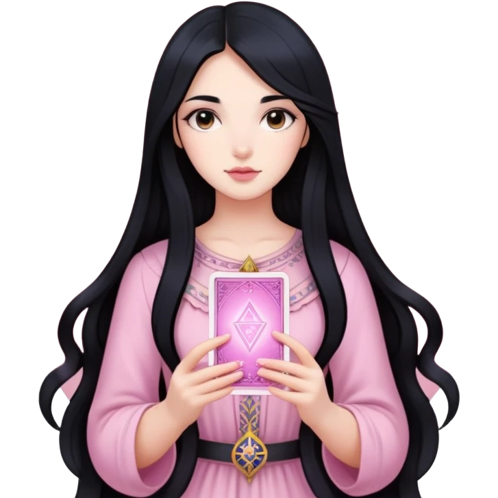 long black hair girl with light pink tarot cards emoji