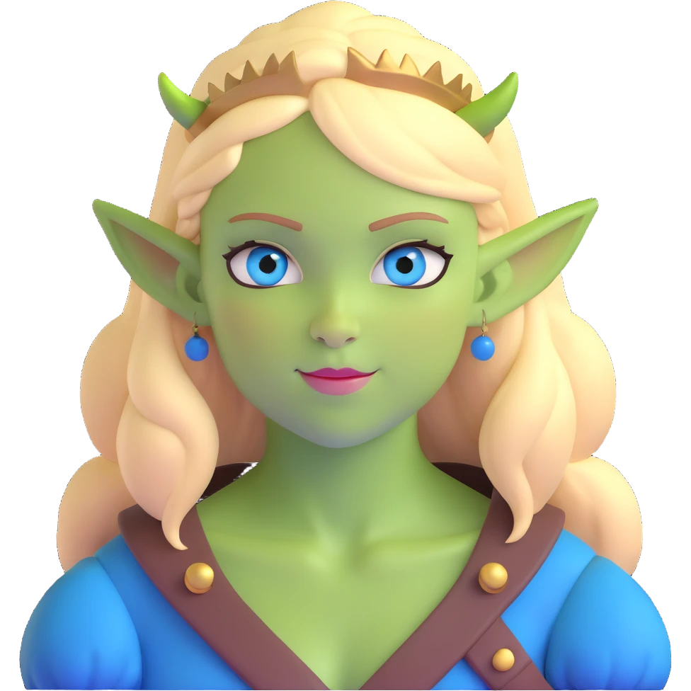 pretty girl with blonde hair, blue eyes, green ogre ears emoji
