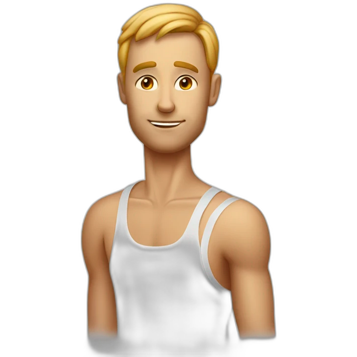Long tall Dutch guy with short hair and big calves with drip t shirt emoji