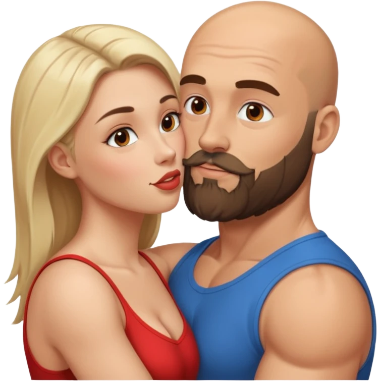 Hyper Realistic beautiful woman in the arms of a bald muscular man with a beard kissing  emoji